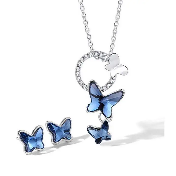 Blue Butterfly Crystal Jewelry Set Pendant Necklace And Stud Earrings