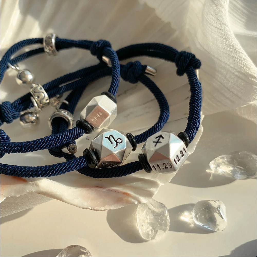 Silver Color Zodiac Sign Bracelet Girl Birthday Gift Lovers Retro Couple Jewelry 12 Zodiac Rope Bracelet