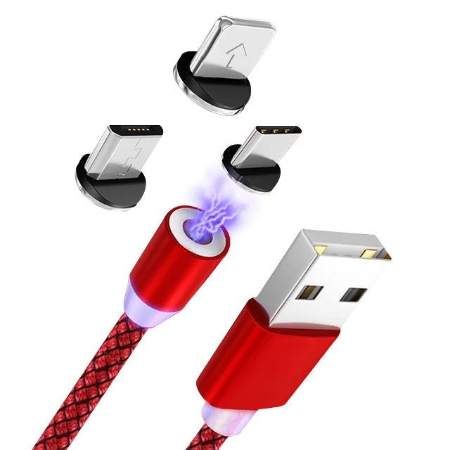  360 градусов светодиодный нейлоновый плетеный 3 в 1 Магнитный USB-кабель для зарядки мобильного