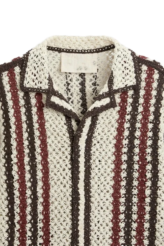 Custom design logo summer knit top mesh fashion casual hollow out short sleeve knitted  men crochet shirt