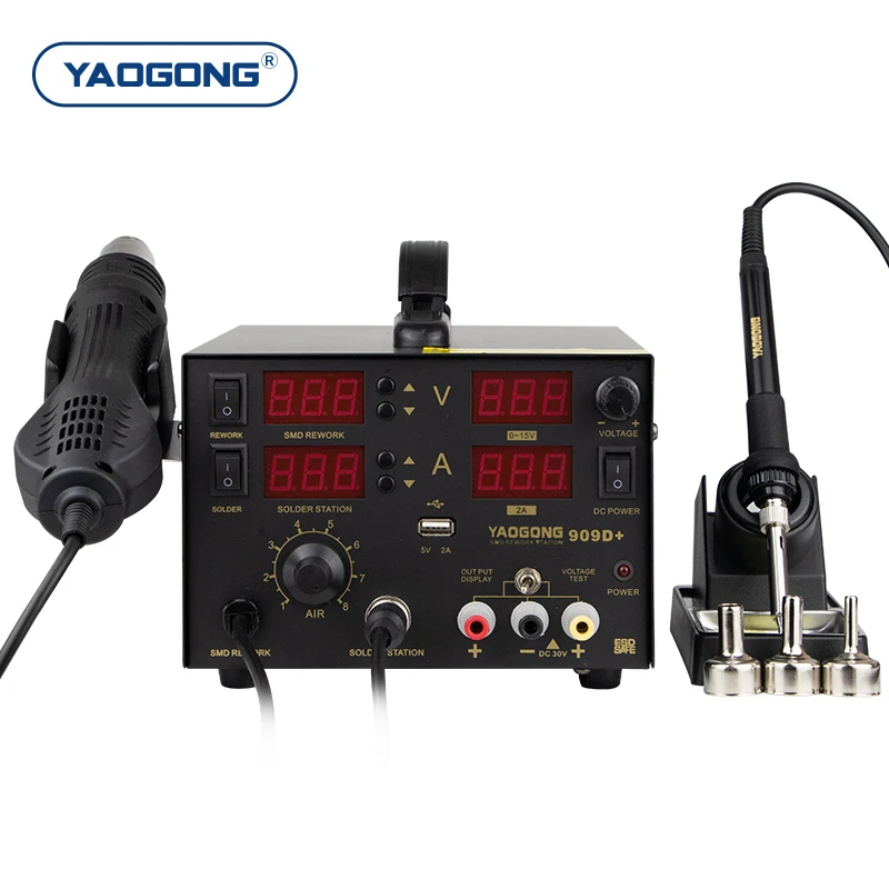 YAOGONG 909D+ 4 in 1 Digital Smart Thermostat Mobile Phone Repair Test Tool DC Power Supply Hot Air Gun Soldering Station