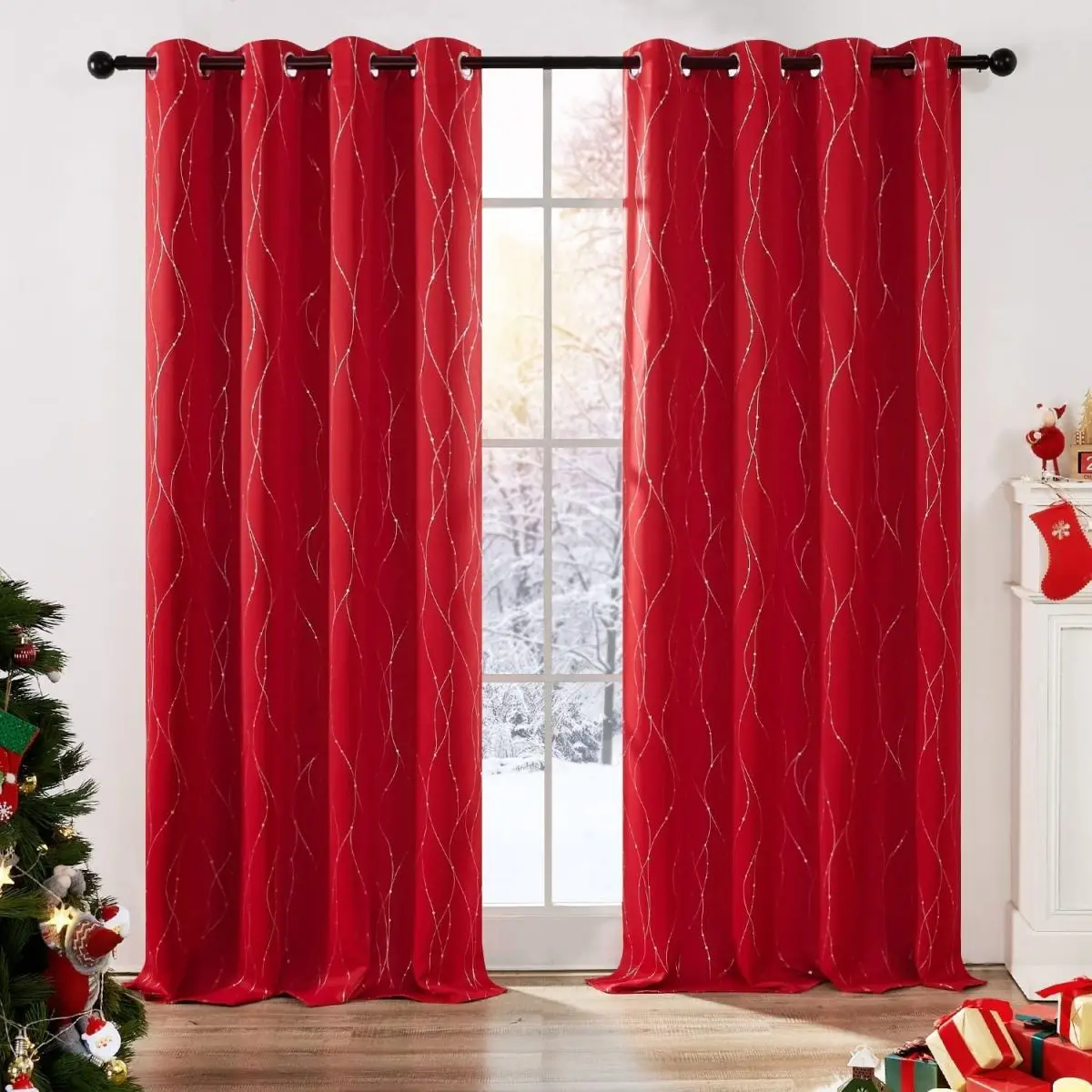 Luxury Hotel Home Red Blackout Window Curtains Foil Print Polyester Fabric Christmas Curtain for Living Room Bedroom