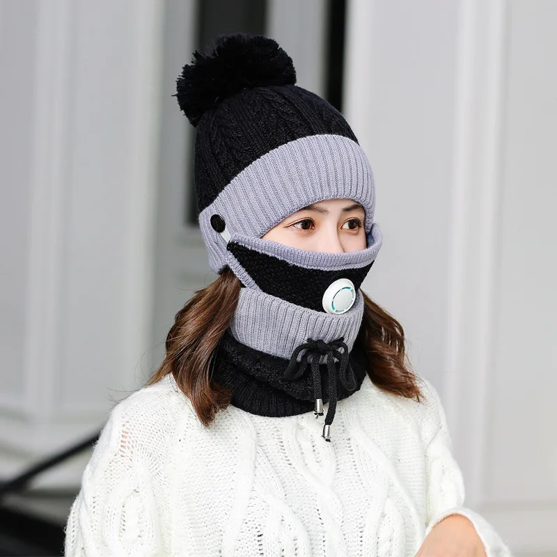 Оптовая продажа женская вязаная теплая Лыжная зимняя надувная акриловая шапка утепленные меховые шарики с помпоном шарф воротник наборы шляп