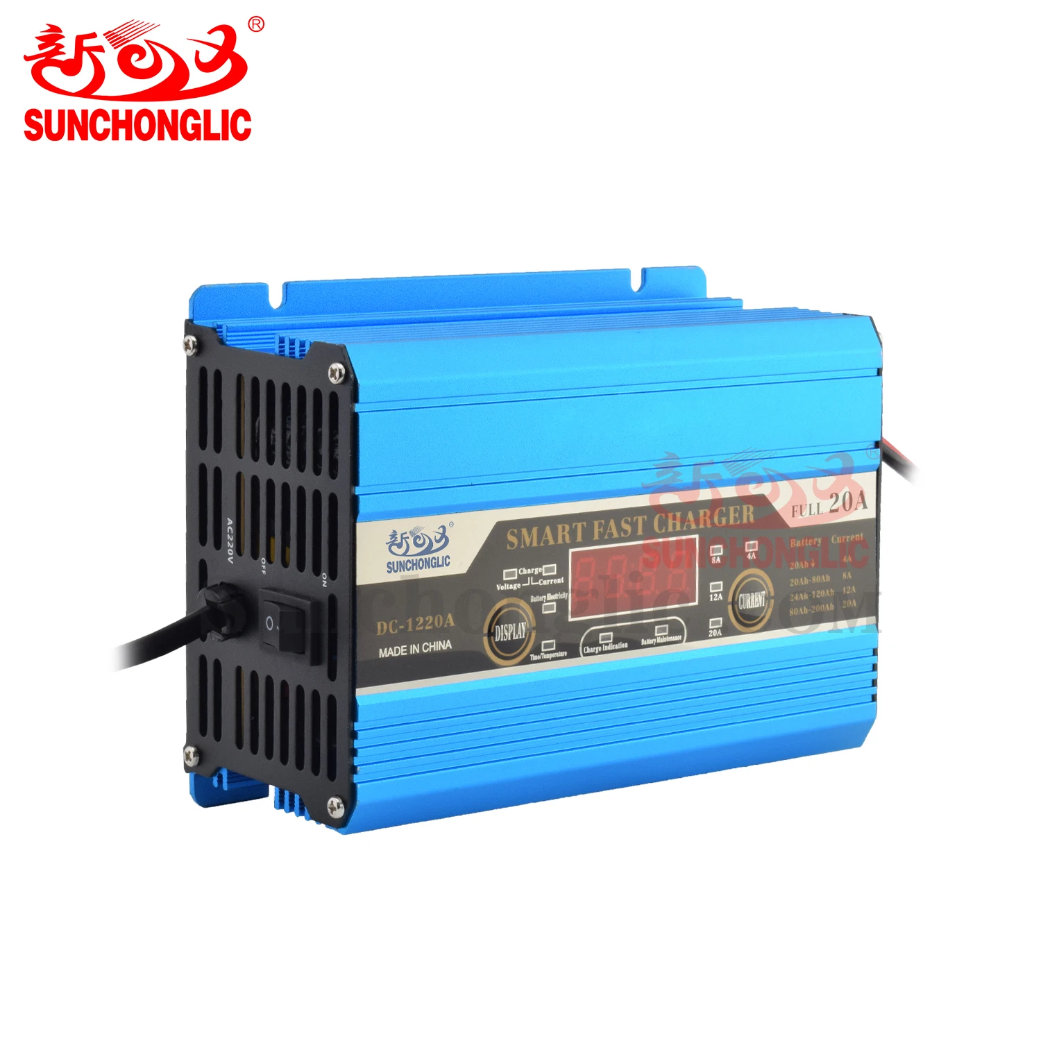 Sunchonglic intelligent 12v 20a 200ah 12 volt 20 amp car battery charger lead acid battery charger