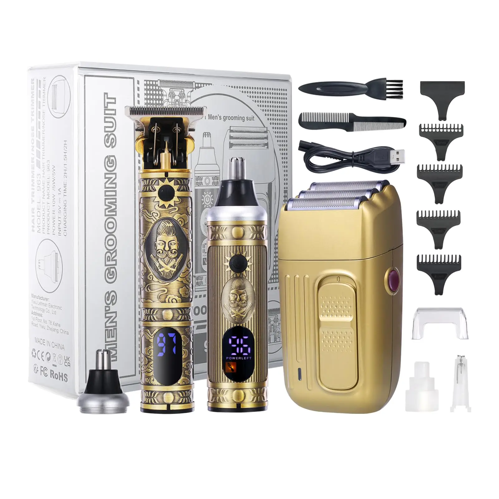 Suttik 963 Professional Barber Hair Clipper Set Rechargeable Electric Finish Cutting Machine Beard All Metal Shaver set