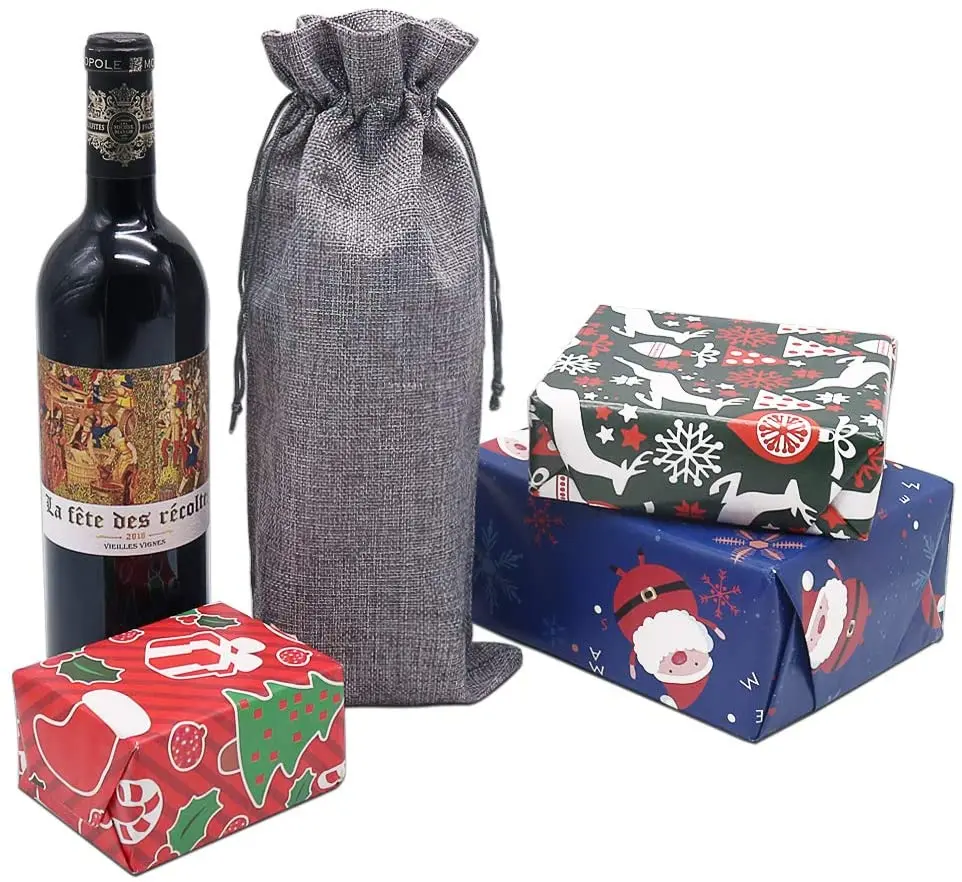 
Good quality custom promotional gray natural burlap fabric drawstring jute wine bags jute bottle bag 