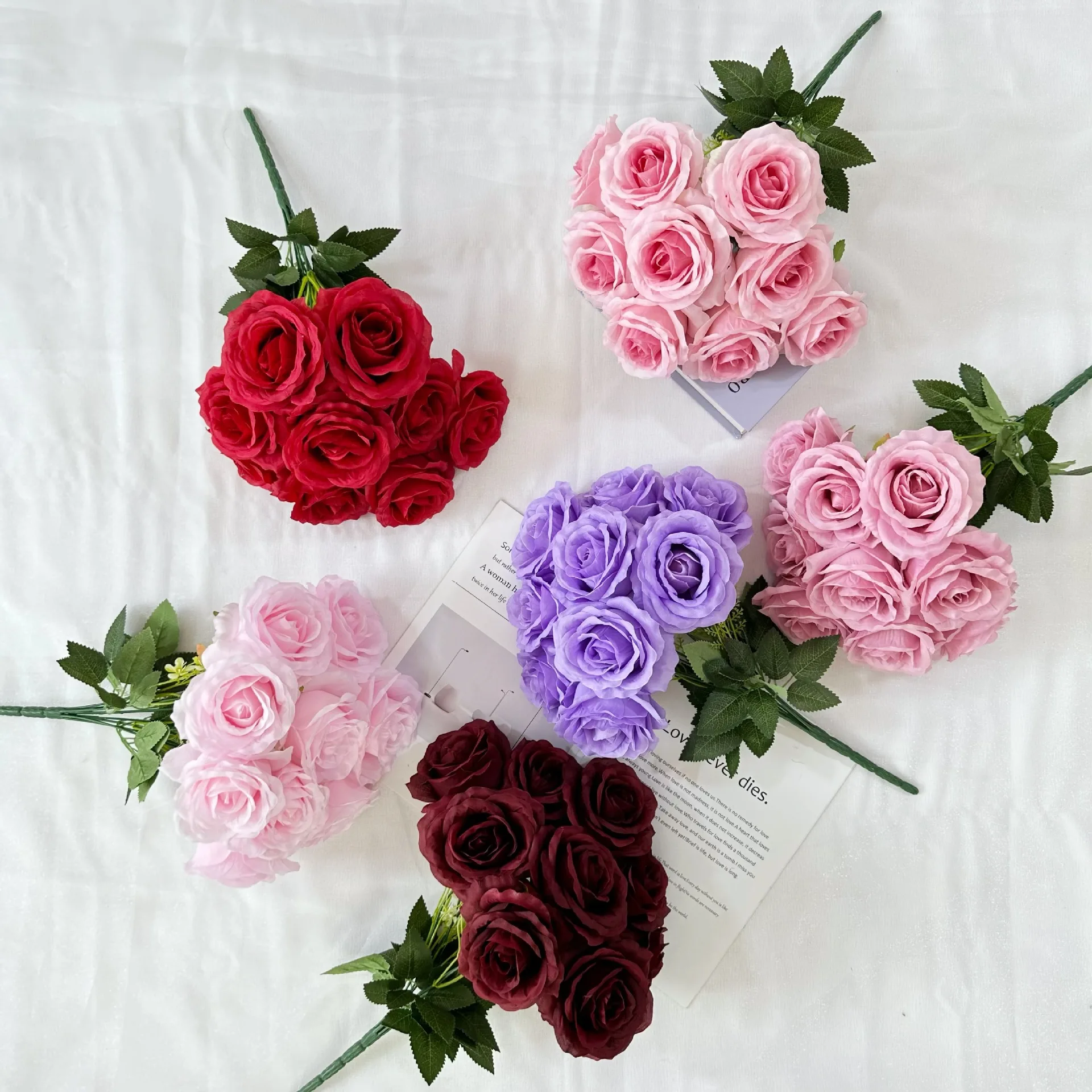 Wholesale 9 Heads Flowers Bunch Red Roses Blue Crystal Rose Heads Silk Flowers Real Black Decor Artificial Flower