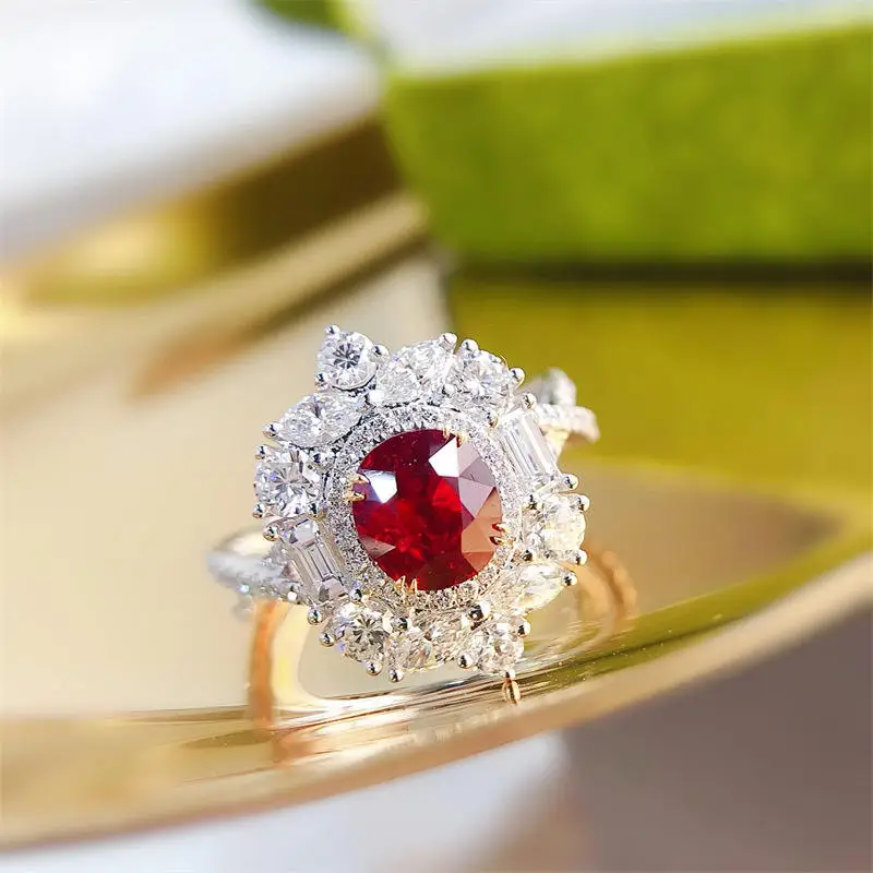 Royal Fine Jewelry Supplier Ruby Ring Gold Trendy Europe Natural for Women South Africa Real Diamond 0.9ct Pigeon Blood Red 18k