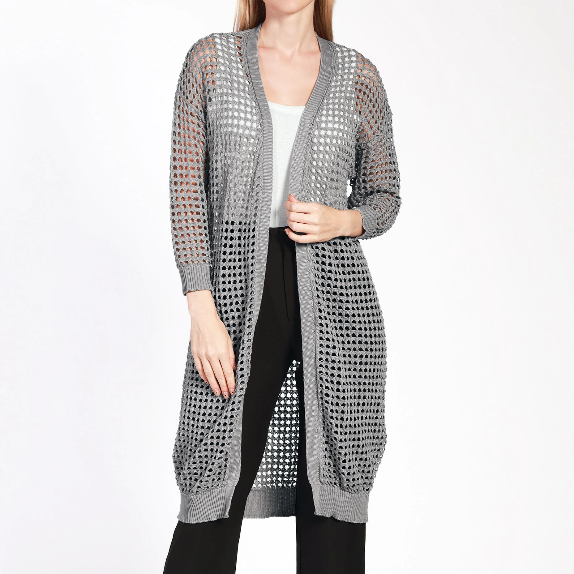 BSCI Clothing Factories In China Ladies Casual Cardigan Sweater Sunscreen Cutout Blouse for Summer Thin Knitted Solid Pattern