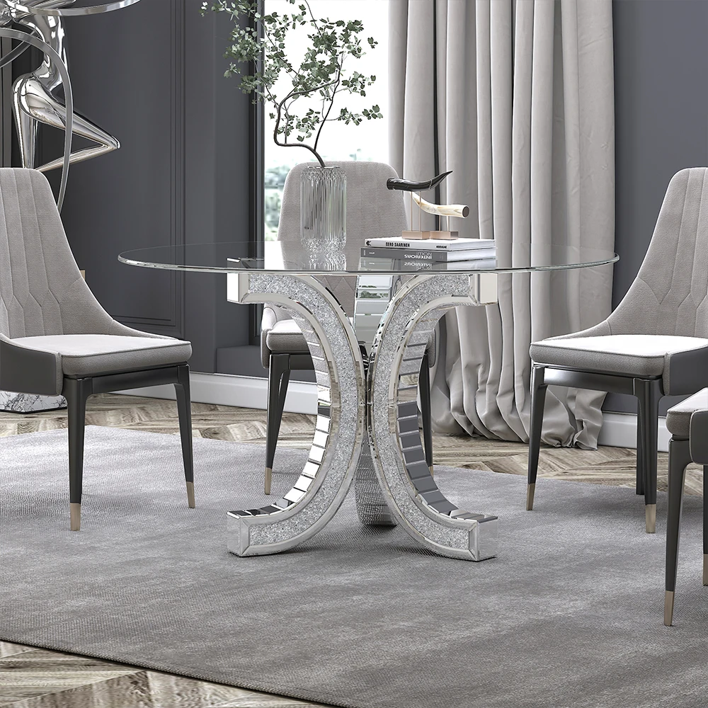 COOLBANG Dining Room Furniture Tempered Glass Tabletop Crushed Diamond Pedestal Mirrored Luxury Round Dining Table
