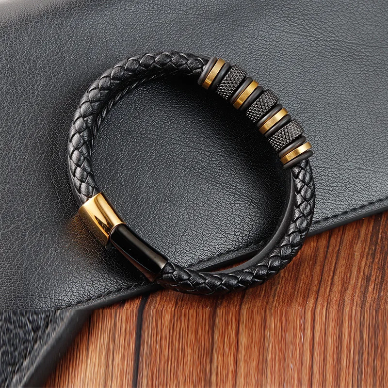 Лидер продаж браслет ручной работы из нержавеющей стали с покрытием черного золота многослойный Плетеный мужской кожаный ремешок магнитный для мужчин