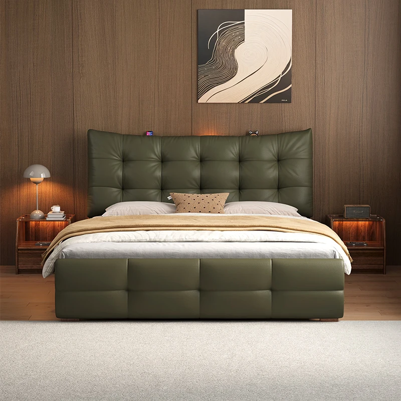 Modern Striped Ebony Double Bed With Solid Leather Headboard Soft Cowhide Tenon Structure Bunk Bed Style