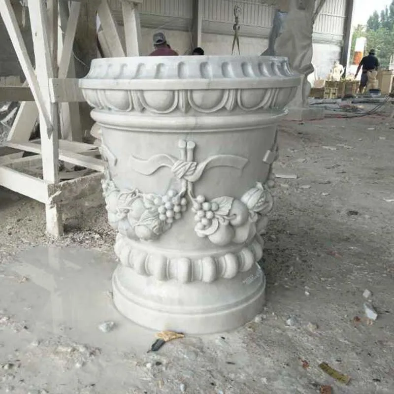 Newly fabricated stone flower pots hand carved marble vase garden decorative white marble urn planters for sale