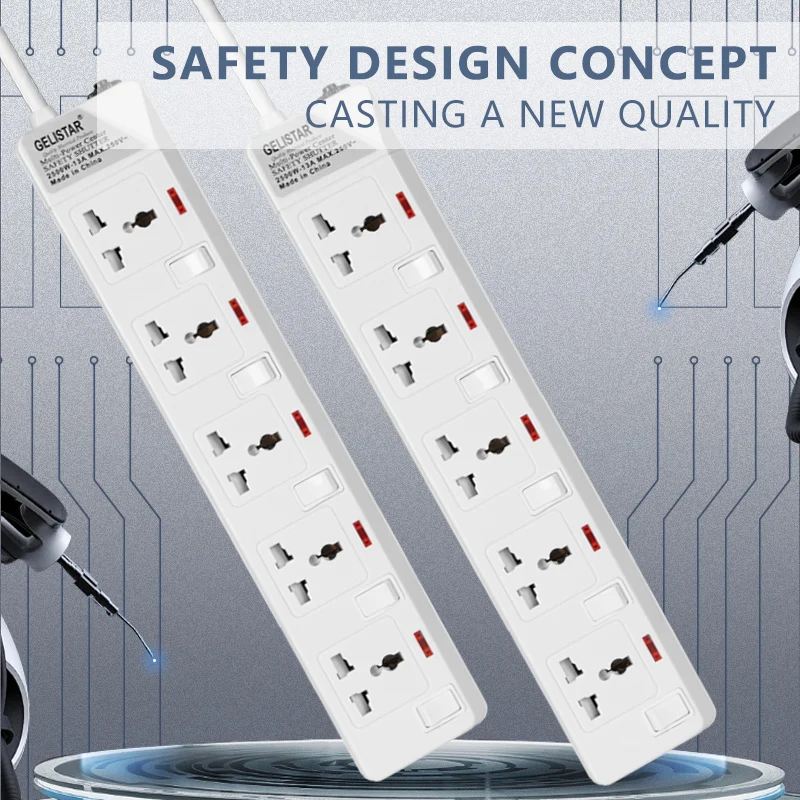 Universal socket white 5 outlet smart power strip 2m cable desktop individual switch extension board extension socket