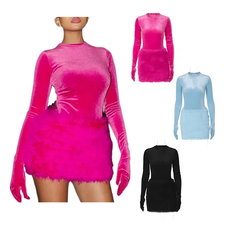 B3935-women dress 2024 long sleeve bodysuit with skirt set velvet dresses for women