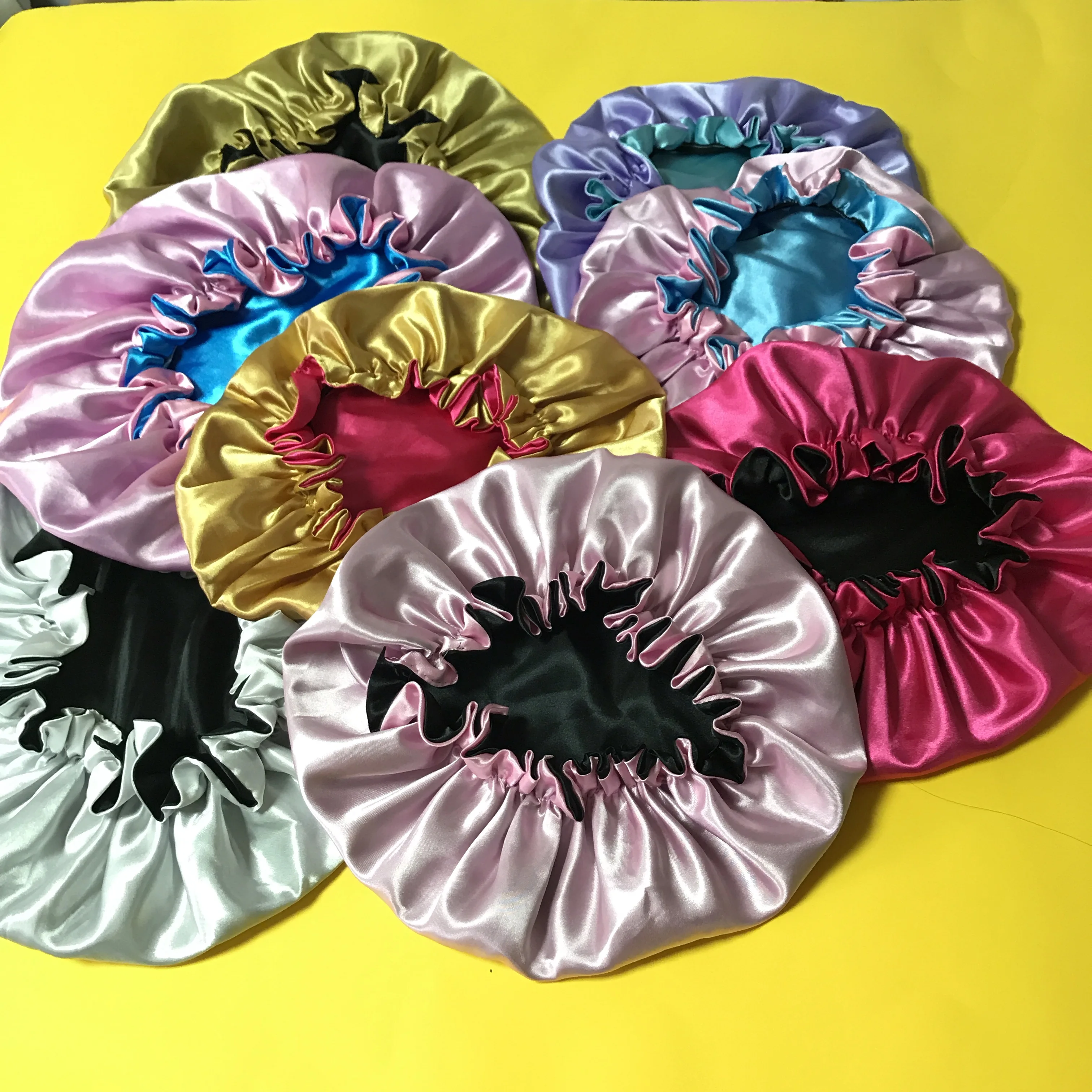 
Free sample double layered durags and hair bonnets with logo and adjustable rope silk sleep boonet 
