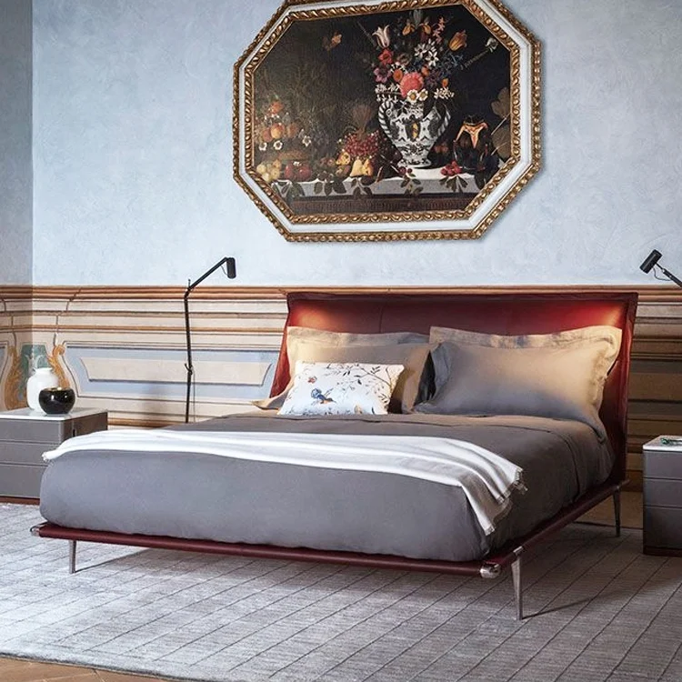 Luxury Modern Design Bedroom Furniture Nappa Leather Twin Queen Bed Top King Size Double Beds Quality Wrought Iron Pine 1 Set