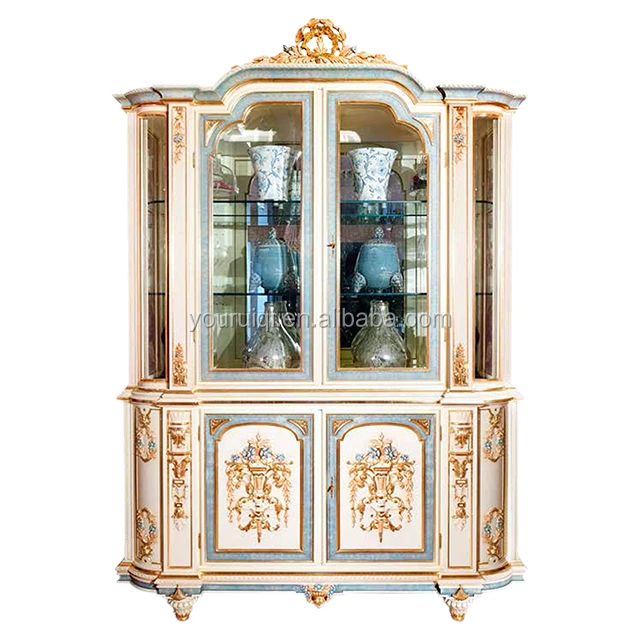 Italian TOP Brand Wine Cabinet, Classic Solid Wood Glass Cabinet, Luxurious Antique White Display Cabinet
