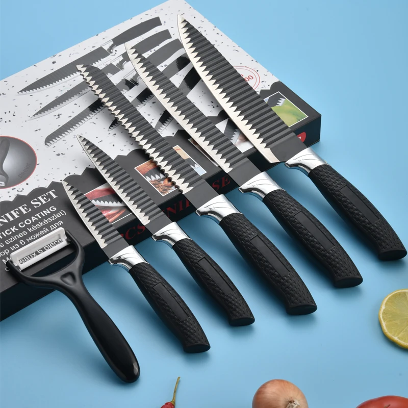 In Stock Wholesale 6 Pieces Kitchen Knife Set Banding Non-stick Coating Knife Set Plastic Handle Knives With Gift Box