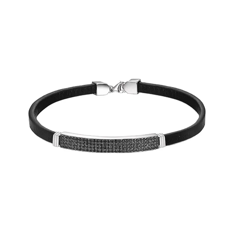 Keiyue handmade black cz stone pave leather bracelet men accessories designs with clasp leather bracelet for men