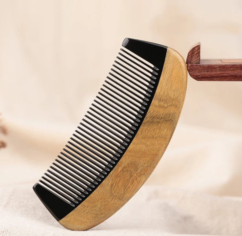 Custom Green Sandalwood Laser Beard Comb Wholesale Portable Pocket Ox Horn Wooden Hair Comb