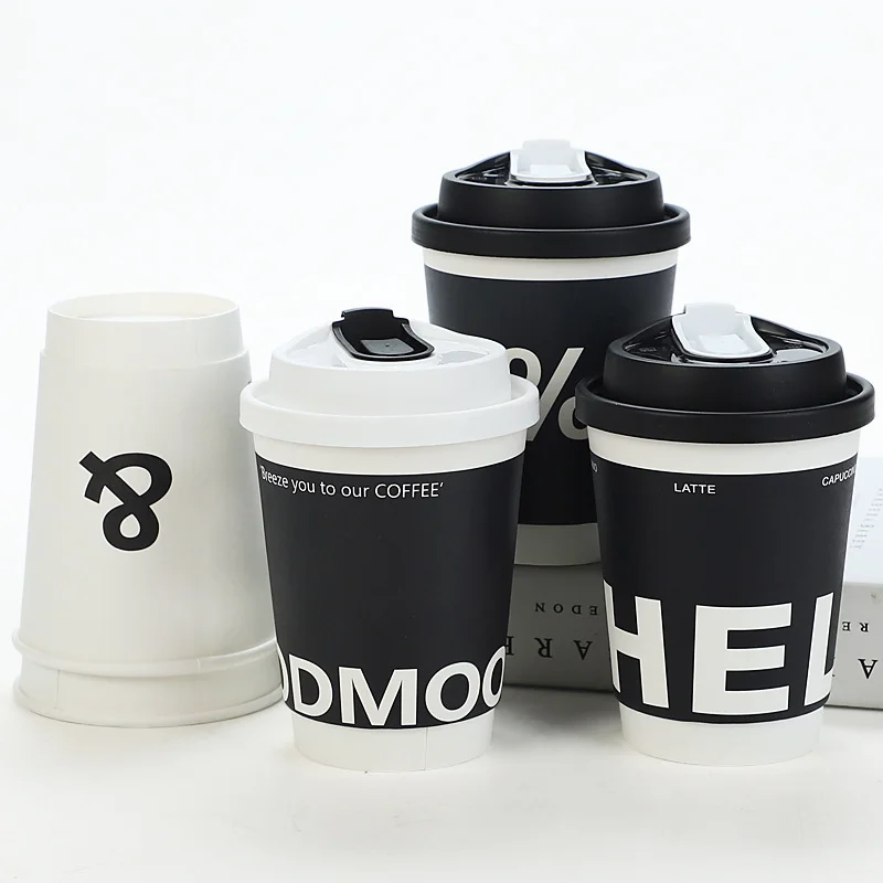 8oz12oz 16oz 20oz Wholesale Customized Black Coffee Paper Cup Disposable Insulated Double Layer Paper Cup For Hot Drink With Lid
