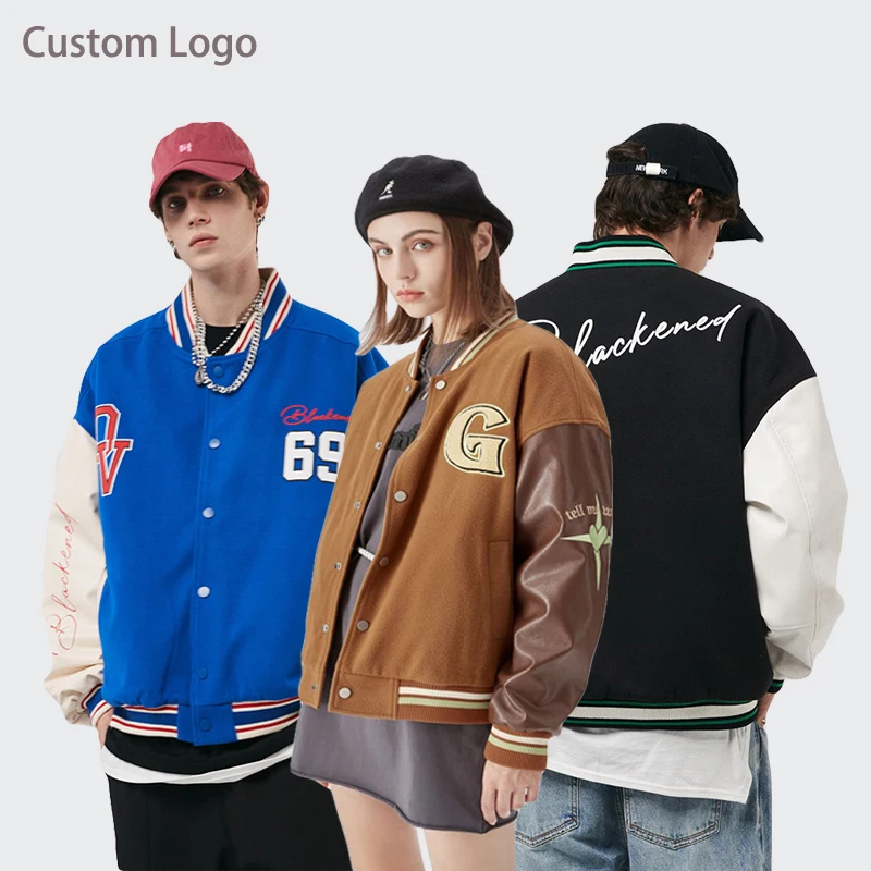 Fashion Jackets With Logo Winter Pu Leather Sleeve Baseball Jackets Unisex Couple Track Coat Letterman Custom Varsity Jacket