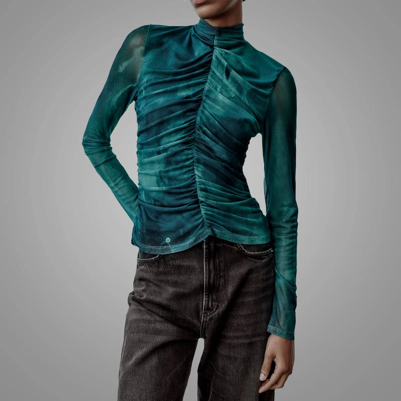 New Hotsale Long Sleeve Mesh Tops High Neck Zip Design Church Design Print Blouse Basic Wear Online