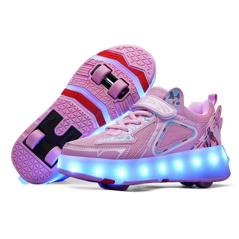 Suwanee Kids Sport Roller Skate Shoes, Children Kick Out Roller Skating Wheeled Shoes, 4 Quads Wheels Sneaker LED Flashing.