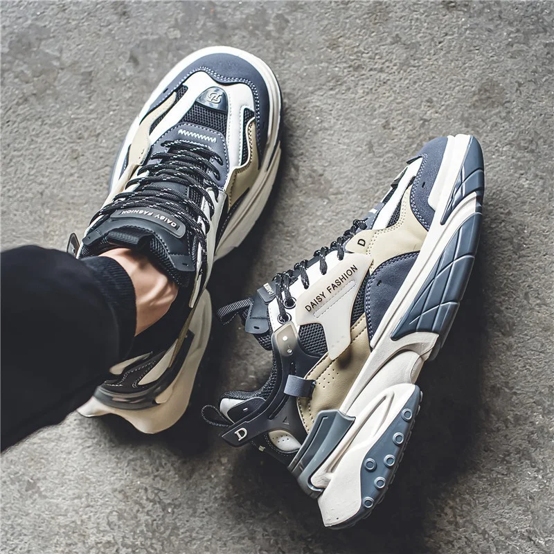 Hot Selling Reflective Lace Up Men  Fashion Leather Sneakers Zapatillas De Hombre White Chunky Athletic Shoes for Men