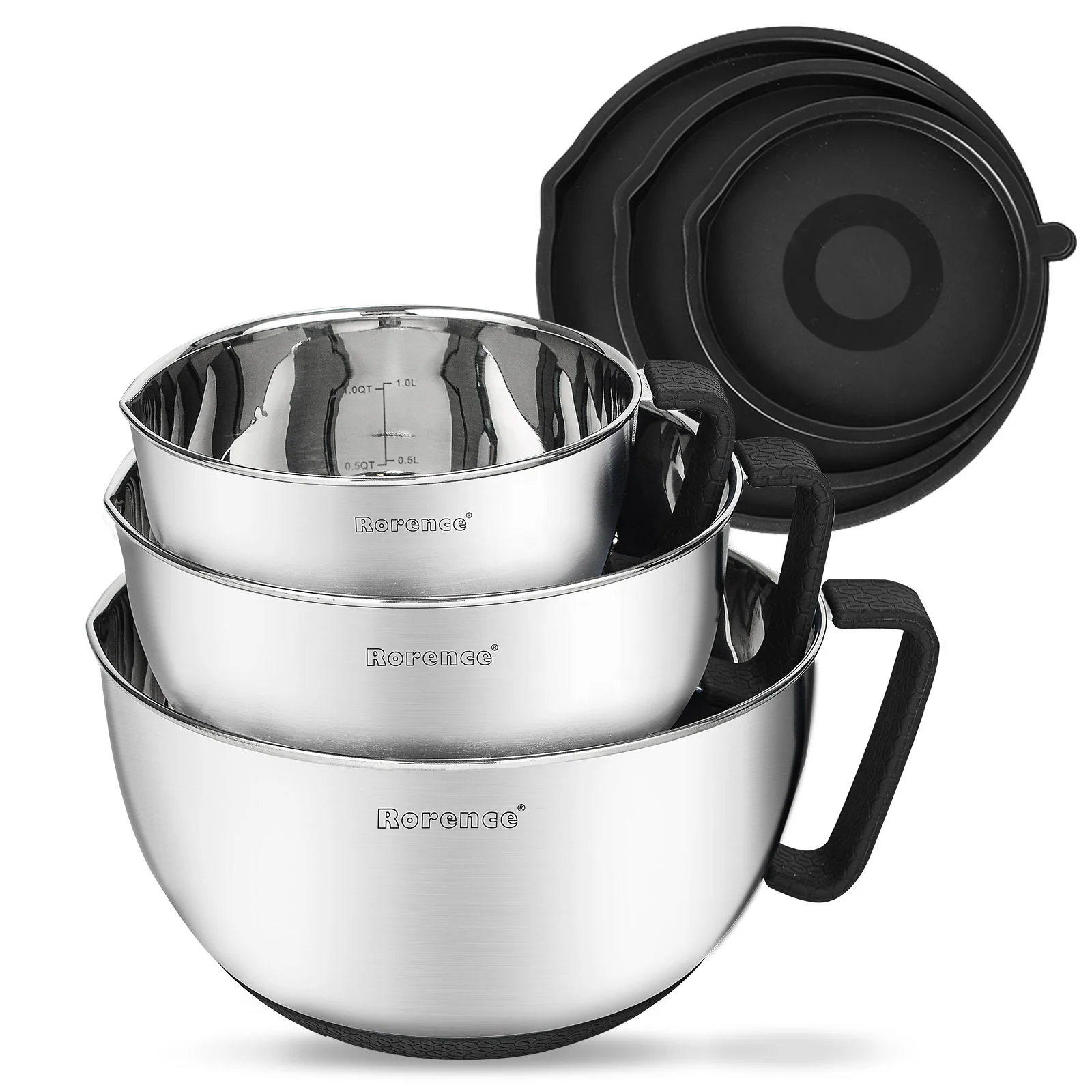 IN STOCK Rorence Kitchen Baking Non-Slip Mixing Bowl Food Container Stainless Steel Salad Mixing Bowls Set With Lids and Handle