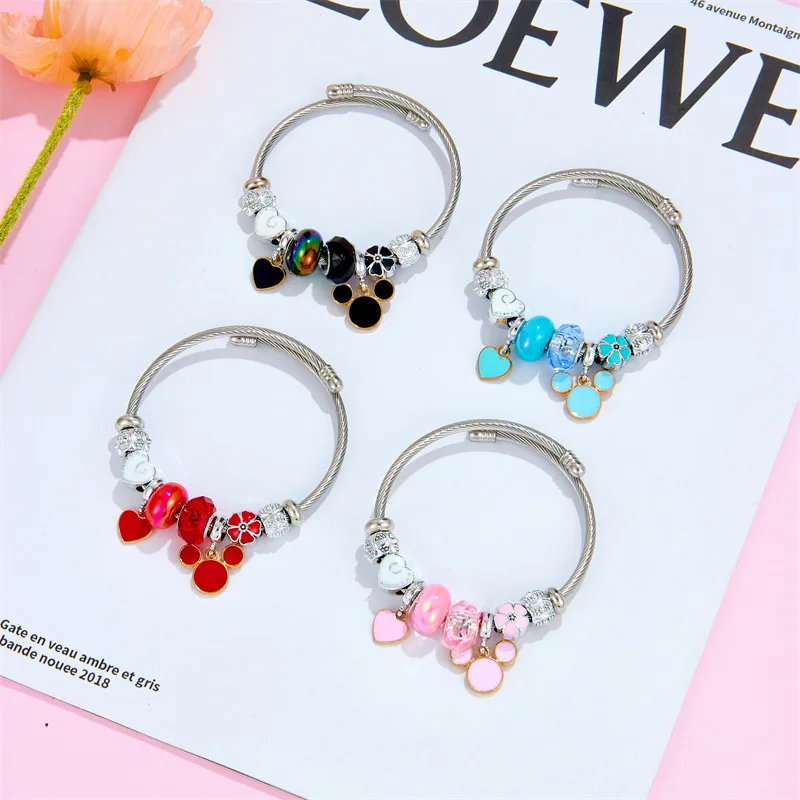 New Hot Kids Student Bracelets Gifts Girls Children Cartoon Animal charm bracelet Glass beads adjustable stainless steel Bangles