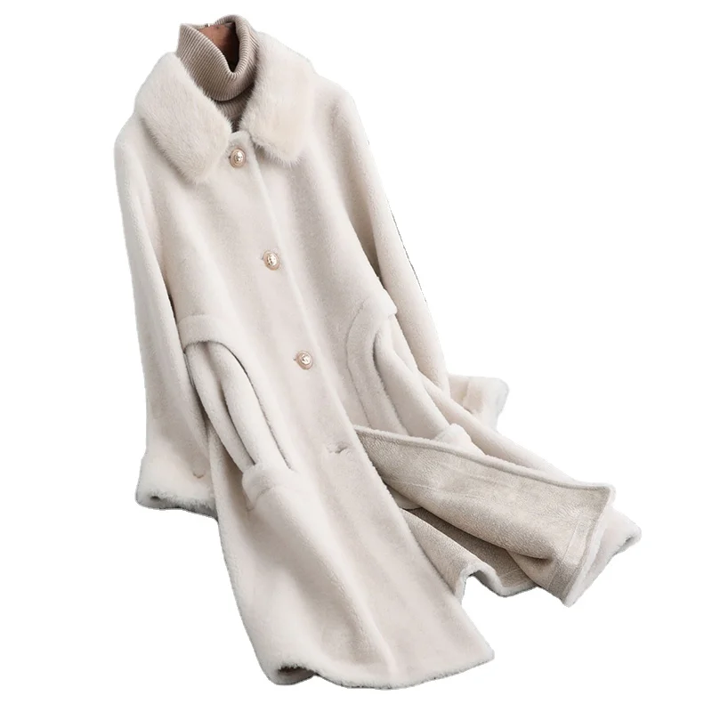 A19036 New Women Real Wool Fur Coat Genuine Mink Collar Casual  Jacket Real Fur Girl Coat Lady Fall Winter Warm Overcoat