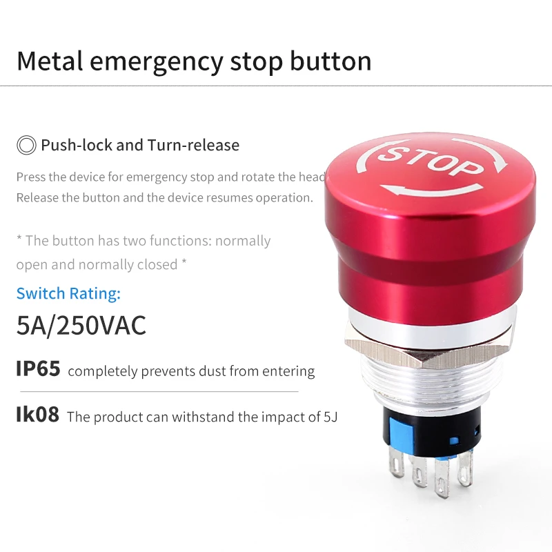 Metal Pin terminal Self-locking 19MM IP65 red head exit switch 1NO1NC emergency stop button