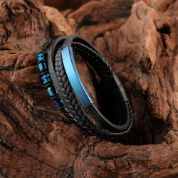 Trendy Genuine Leather Bracelets Men Stainless Steel Beads Multilayer Braided Rope Bracelets For Male Bracelets Jewelry