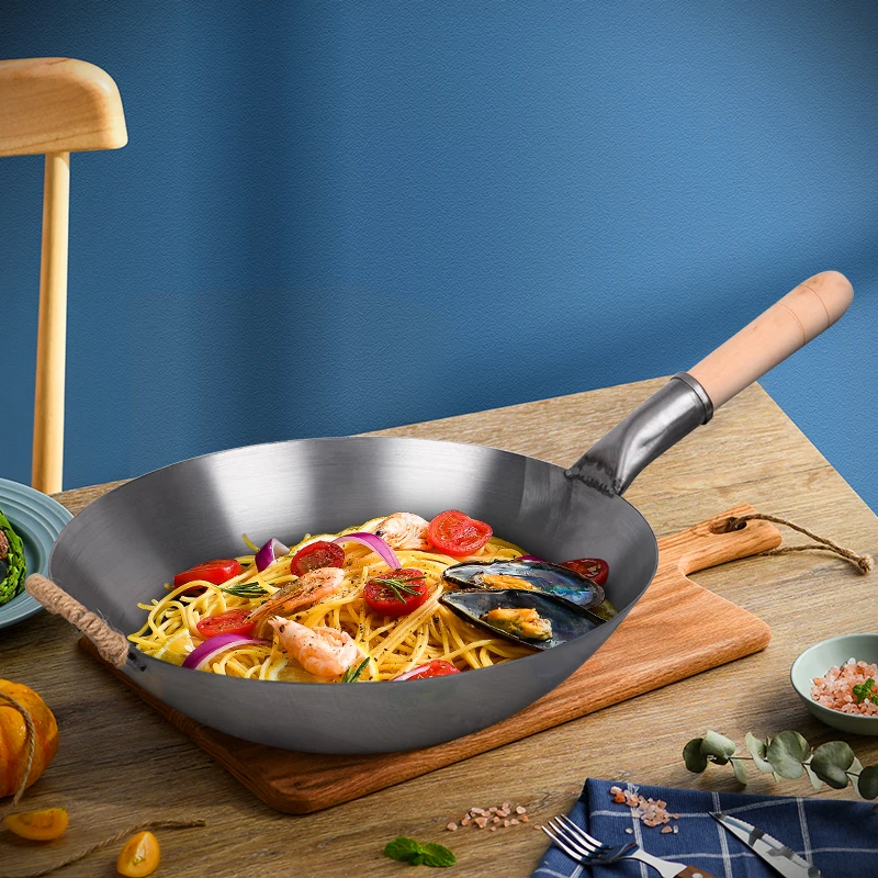 Китайский чугун кухонная посуда кухонный горшок для готовки woks Ресторан чугунная сковорода с деревянной
