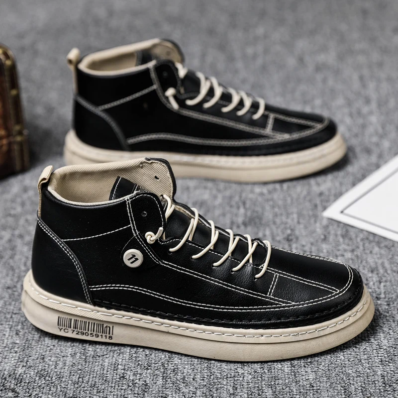 China Cheap Fashion High Ankle Sport Sneakers for Men Flat Soft Casual Leather Driving Skateboarding Shoes