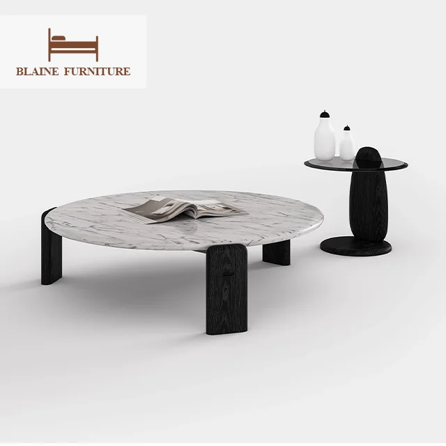 New Design Living Room Furniture Black Glass Fashion Modern Round Coffee Table With Ash Solid Wood Base Coffee Table