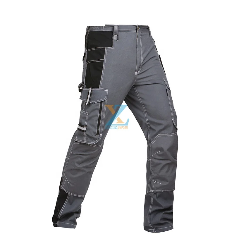 High Quantity Many Pockets Cotton Cargo Pants Worker Grey Wear Construction Reflective Work Trousers for Men