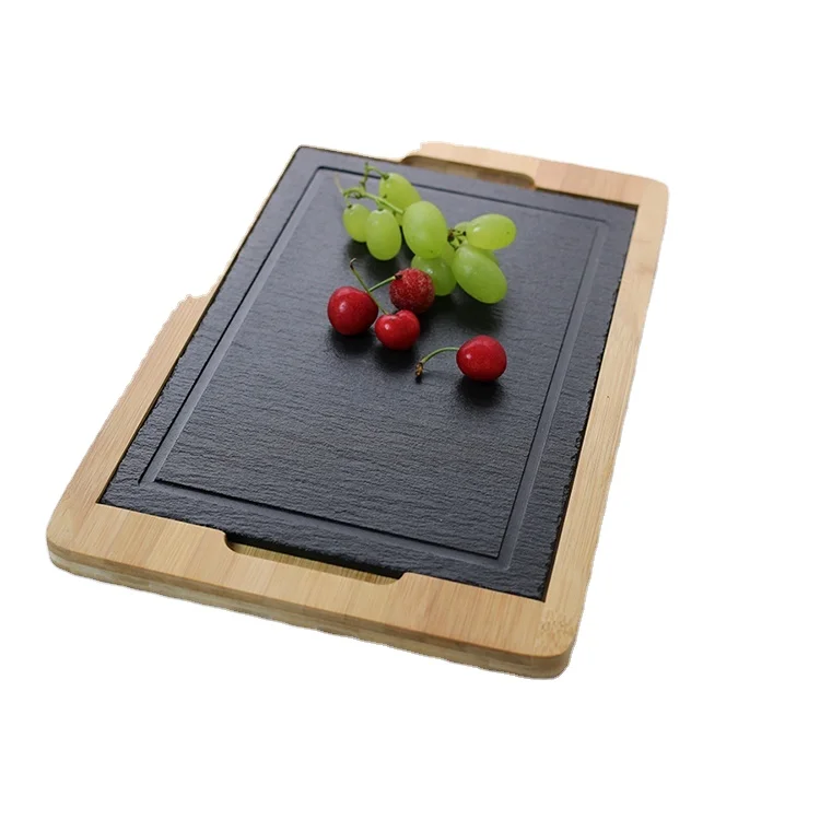 Rectangular shape slate bamboo stone cheese plates with wooden mat CNLF