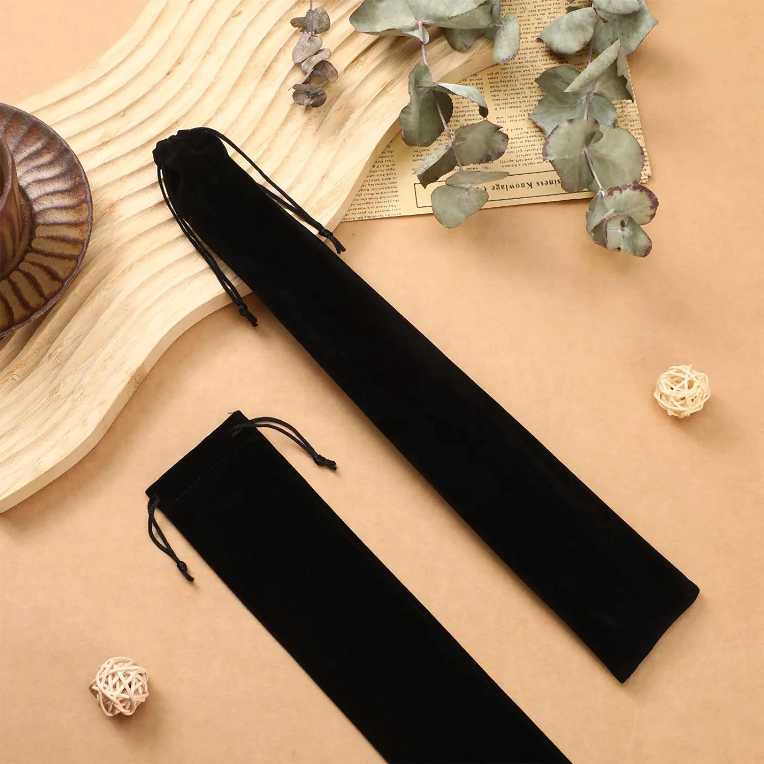 Large Velvet Folding Hand Fan Bag with Drawstring 14.57 x 2.76 in Black Fabric Sleeve Hand Fan Protector Gift Wrap Bags Gift