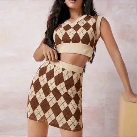 2021 fall Amazon new arrival INS sweater sets women Argyle pattern knitted tank top skirt sweater 2 pieces sets women clothing