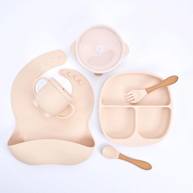 NEW Weaning Set Baby Tableware Bib Plate Suction Bowls Silicone Baby Feeding Set