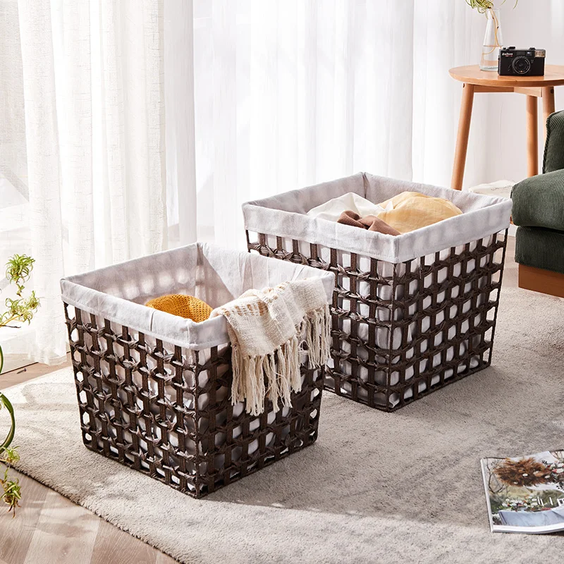 Factory wholesale sundries storage basket laundry basket like rattan woven with pure face linen lining cloth factory packaging