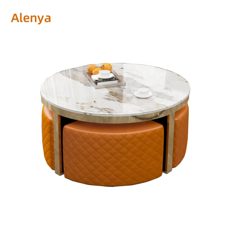 Роскошный современный круглый журнальный столик стол для переговоров кожаный из нержавеющей стали со стулом телескопический