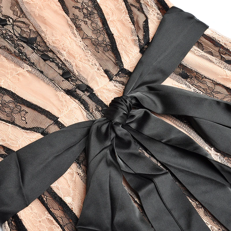 
V Neck Short Sleeve Contrast Color Perspective Lace Stitching Lace Up Waist Elegant Long Dress 