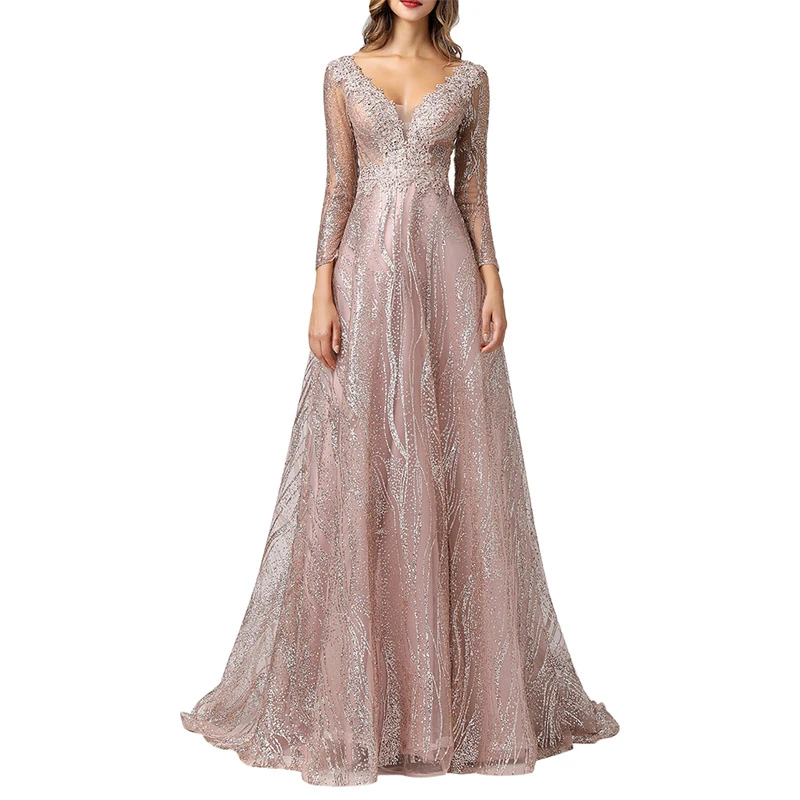 
PR0000380 2020 new pink evening dress long sleeve V-neck Glitter Mesh dress evening gown 
