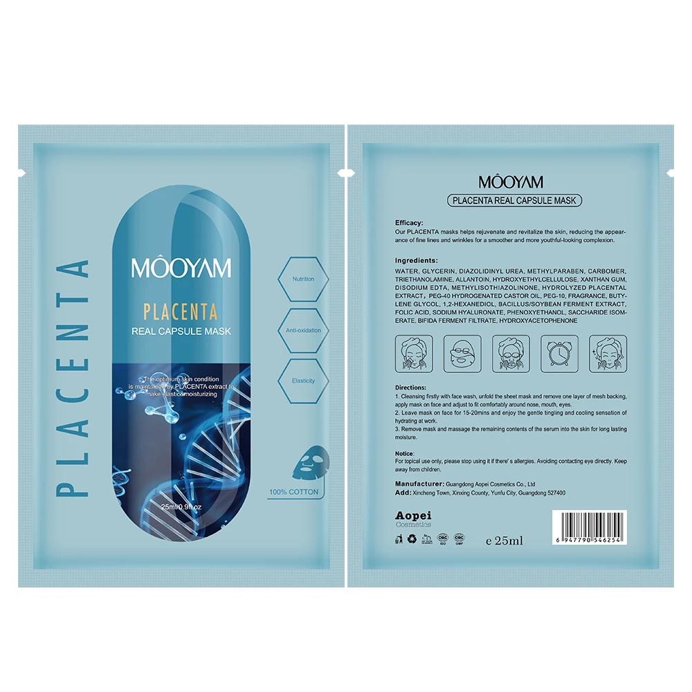 Private Label 6 Types Capsule Placenta Face Mask Sheet Skin Care Whitening Moisturizing Anti-aging MOOYAM 25ml Facial Mask