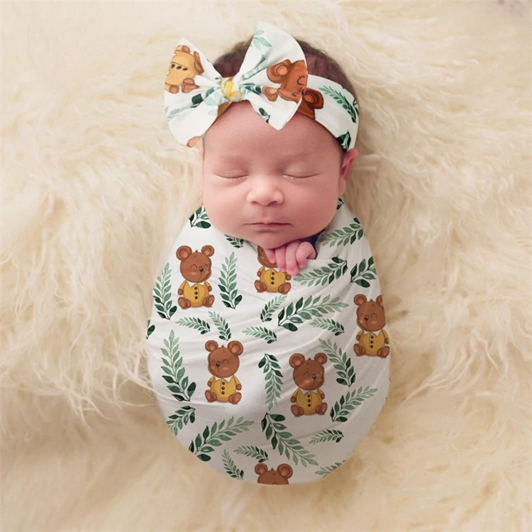 Newborn Baby Girl Boy Solid Color Cotton Swaddle Wrap Blanket Sleeping Bag+headband +hat Outfits Set