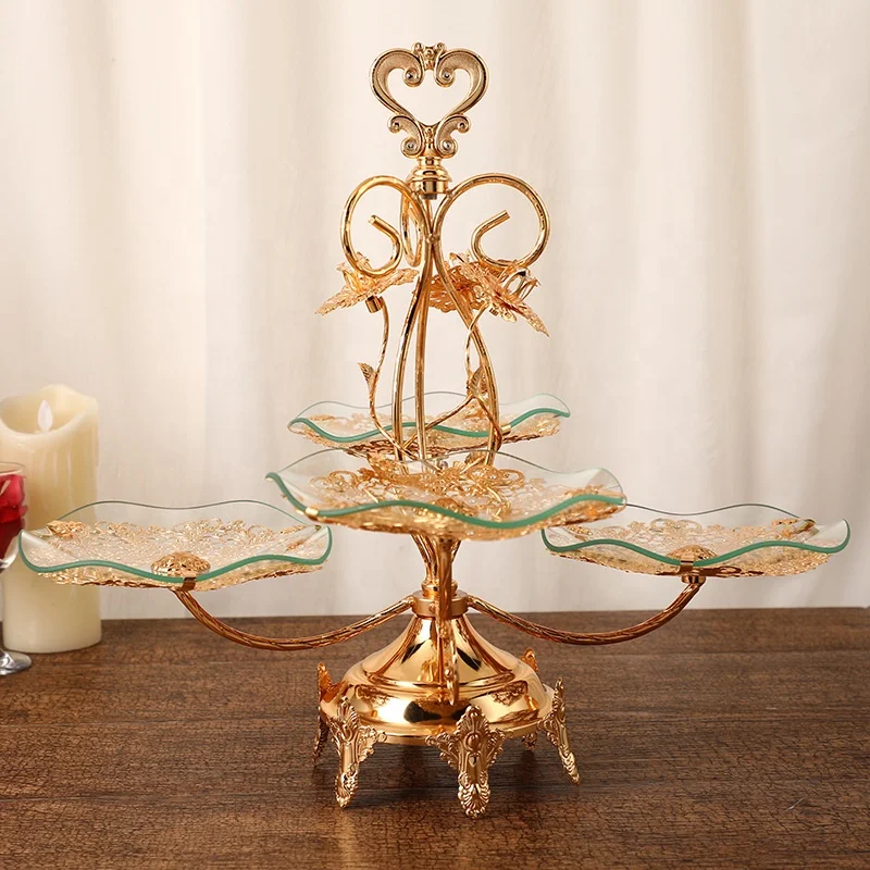 Gold Plated Decorative Cake Stand Fruit Plate Food Tray Glass and Metal Serving Trays
